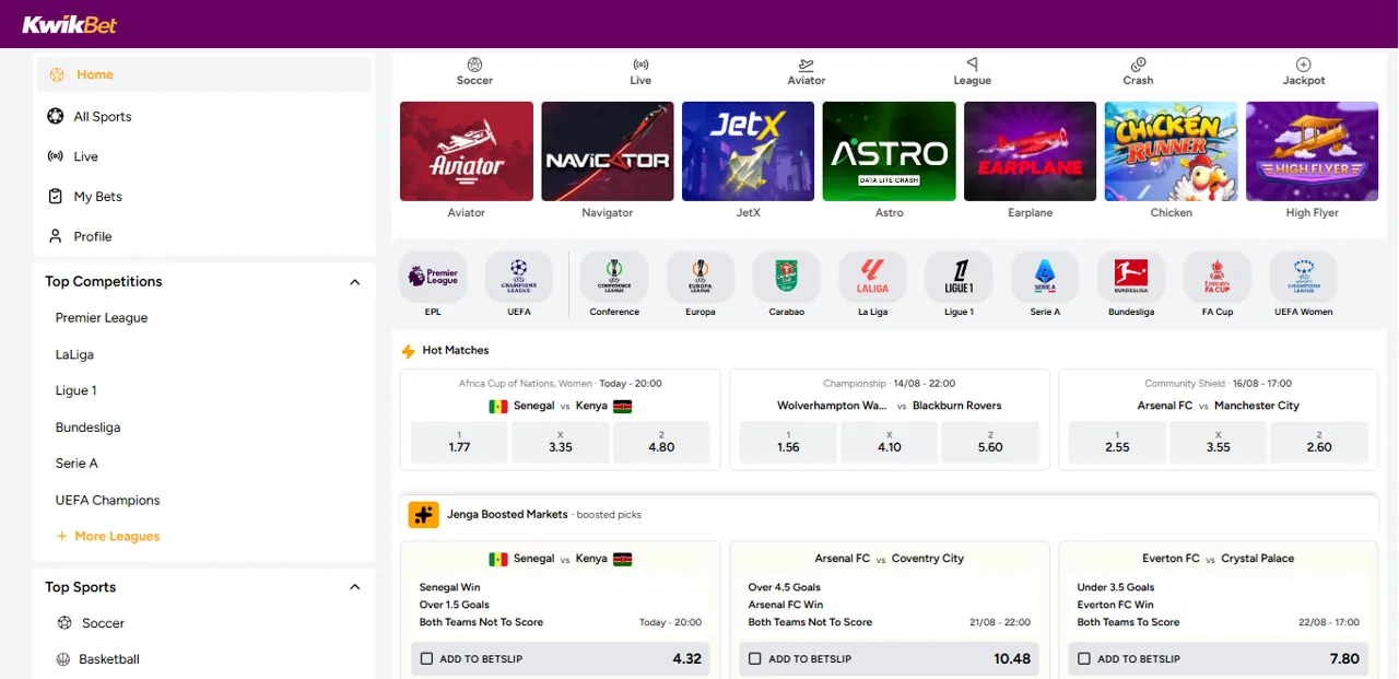 KwikBet Kenya sports betting markets on a mobile screen